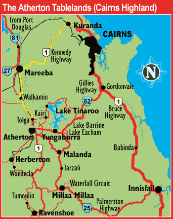 Atherton Tablelands map marking itinerary drive